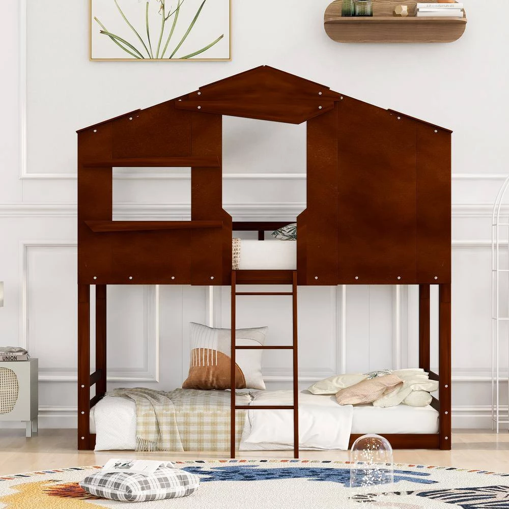 Walnut Twin Over Twin House Bunk Bed with Ladder, Wood Bed by GODEER - Image 11
