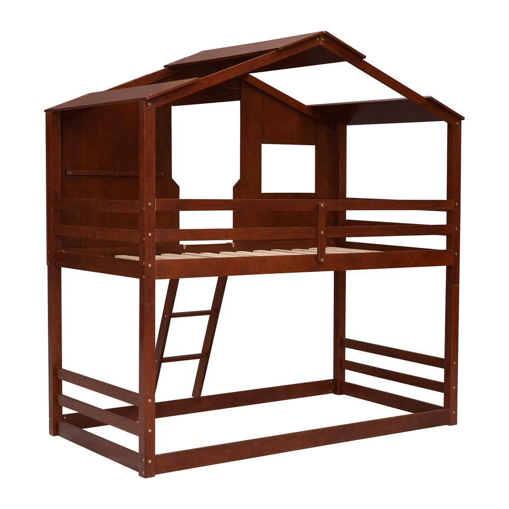 Walnut Twin Over Twin House Bunk Bed with Ladder, Wood Bed by GODEER - Image 3