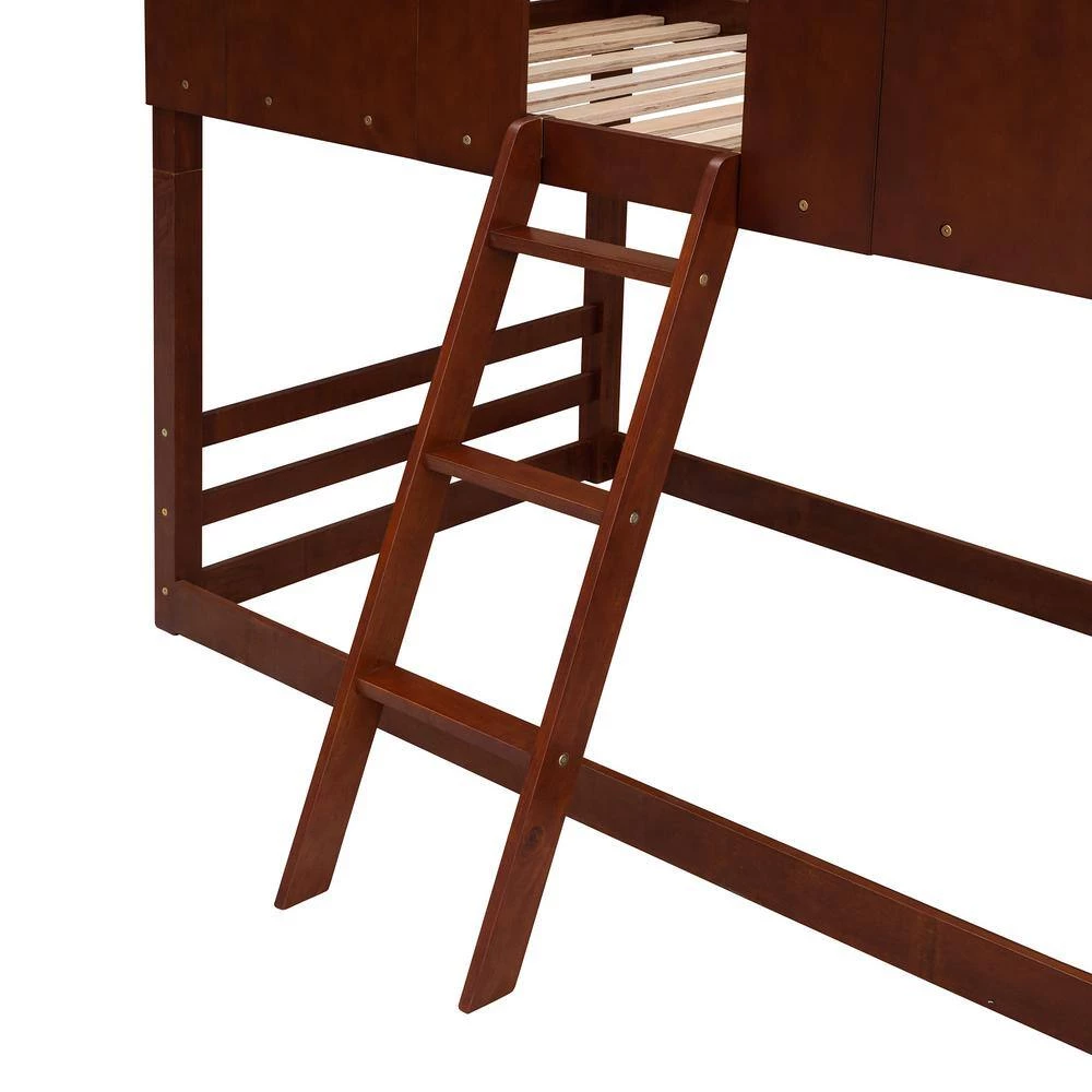 Walnut Twin Over Twin House Bunk Bed with Ladder, Wood Bed by GODEER - Image 10