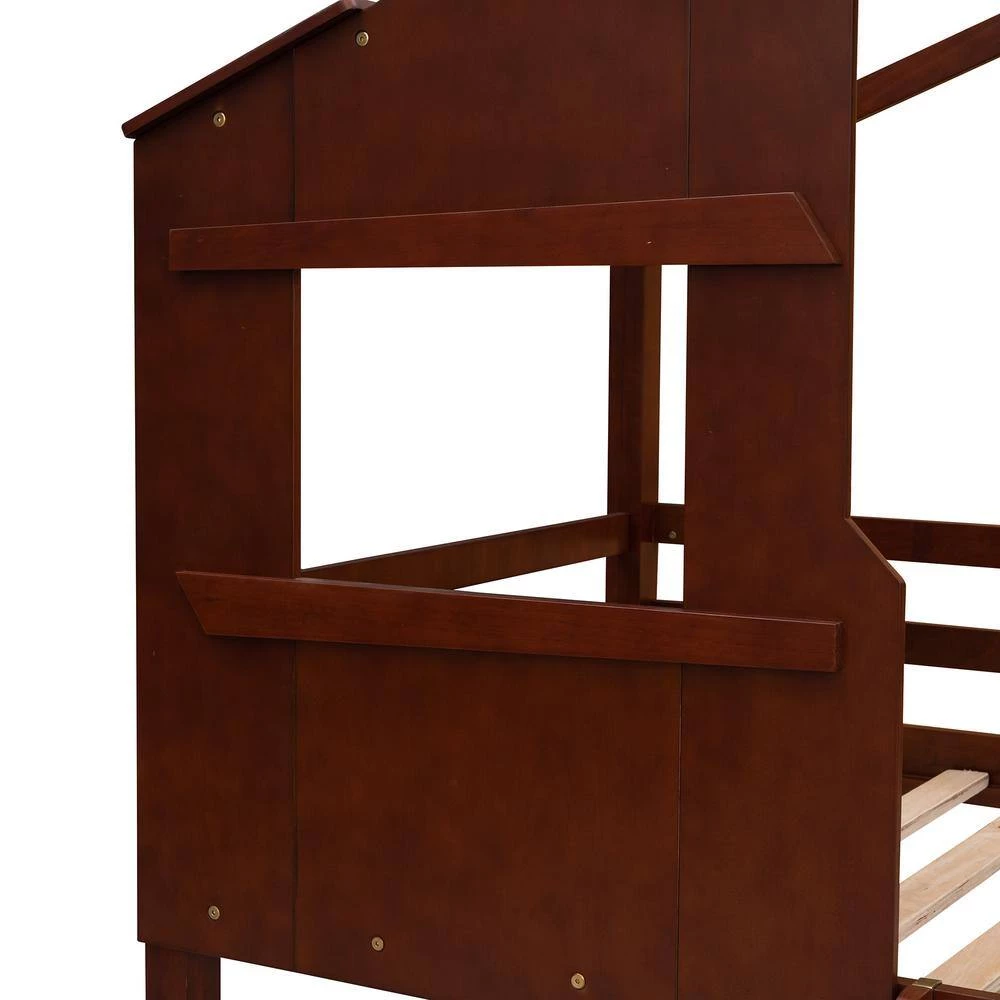 Walnut Twin Over Twin House Bunk Bed with Ladder, Wood Bed by GODEER - Image 8