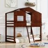 Walnut Twin Over Twin House Bunk Bed with Ladder, Wood Bed by GODEER