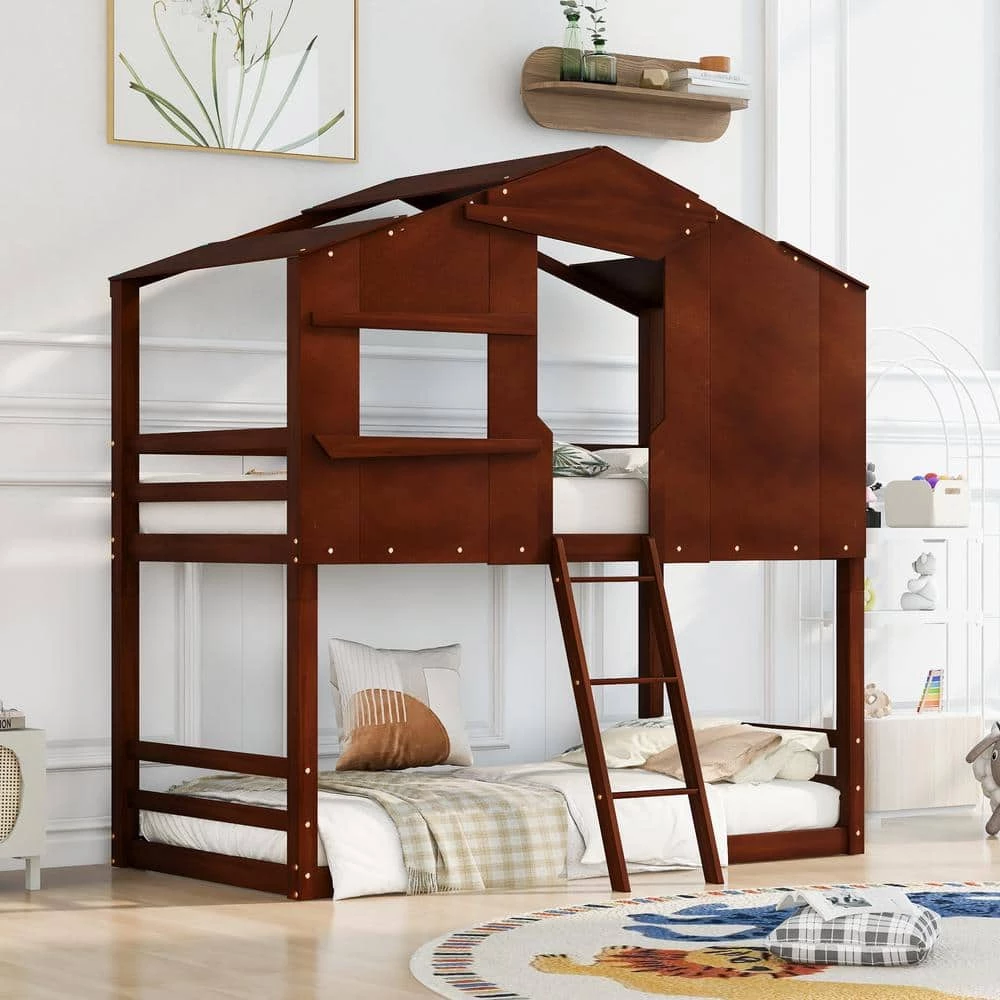 Walnut Twin Over Twin House Bunk Bed with Ladder, Wood Bed by GODEER