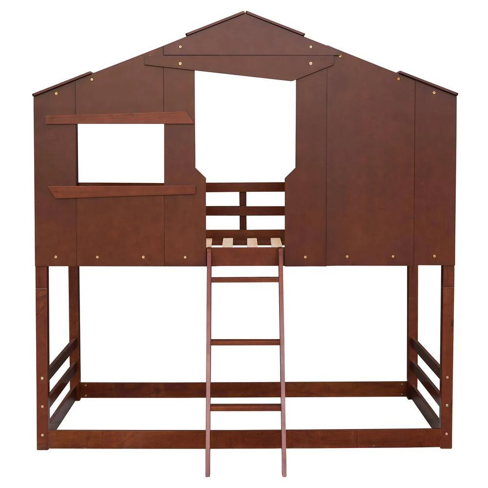 Walnut Twin Over Twin House Bunk Bed with Ladder, Wood Bed by GODEER - Image 6