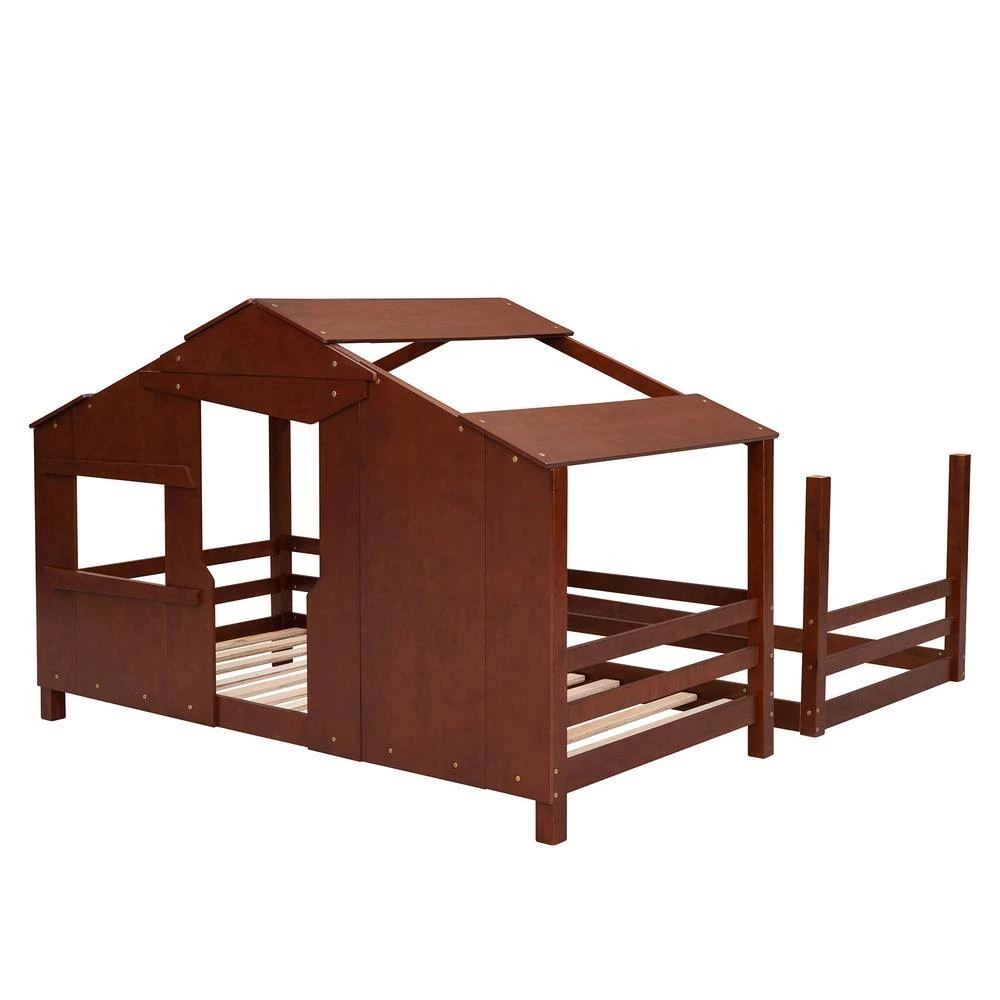 Walnut Twin Over Twin House Bunk Bed with Ladder, Wood Bed by GODEER - Image 4