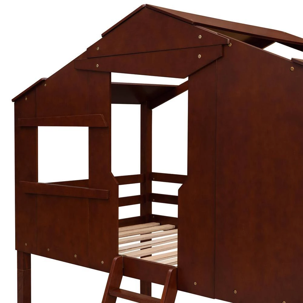 Walnut Twin Over Twin House Bunk Bed with Ladder, Wood Bed by GODEER - Image 7