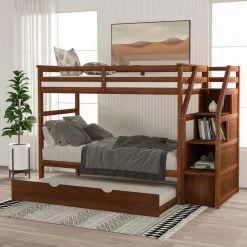 Walnut Twin Bunk Bed with Twin Size Trundle and 3-Storage Stairs by GODEER
