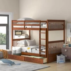 Walnut Twin Over Twin Bunk Bed with Ladders and 2 Storage Drawers by GODEER