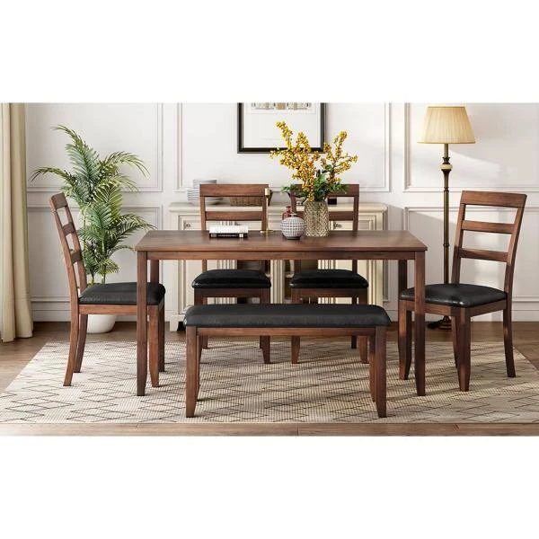 6-Piece Wood Top Walnut Kitchen Simple Wooden Dining Table and Chair with Bench, PU Cushion by GODEER - Image 11