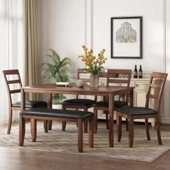6-Piece Wood Top Walnut Kitchen Simple Wooden Dining Table and Chair with Bench, PU Cushion by GODEER