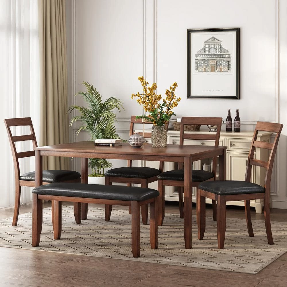 6-Piece Wood Top Walnut Kitchen Simple Wooden Dining Table and Chair with Bench, PU Cushion by GODEER