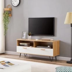 47.20 in. Walnut TV Stand Fits TV's up to 55 in. with High Quality Table Top and Wood Grain Color TV Cabinet by GODEER