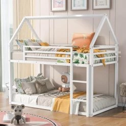 White Twin House Bunk Bed with Built-in Ladder by GODEER