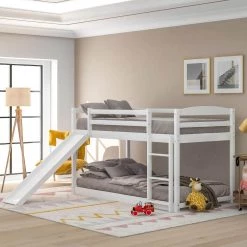 White Twin Over Twin Bunk Bed with Convertible Slide and Ladder by GODEER