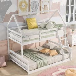 White Twin Over Full House Bunk Bed with Built in Ladder by GODEER