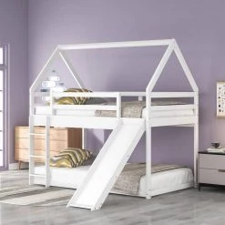 White Twin Size Bunk House Bed with Slide and Ladder by GODEER