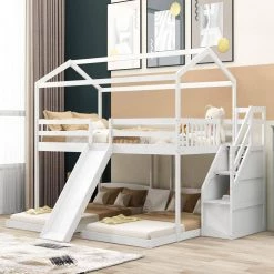 White Full Over Twin and Twin Bunk Bed, with Slide and Storage Staircase, Built-in Drawer and Shelf by GODEER