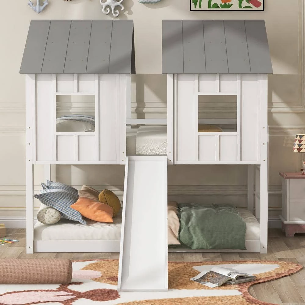 White Twin over Twin House Bunk Bed with Slide and Windows by GODEER - Image 9