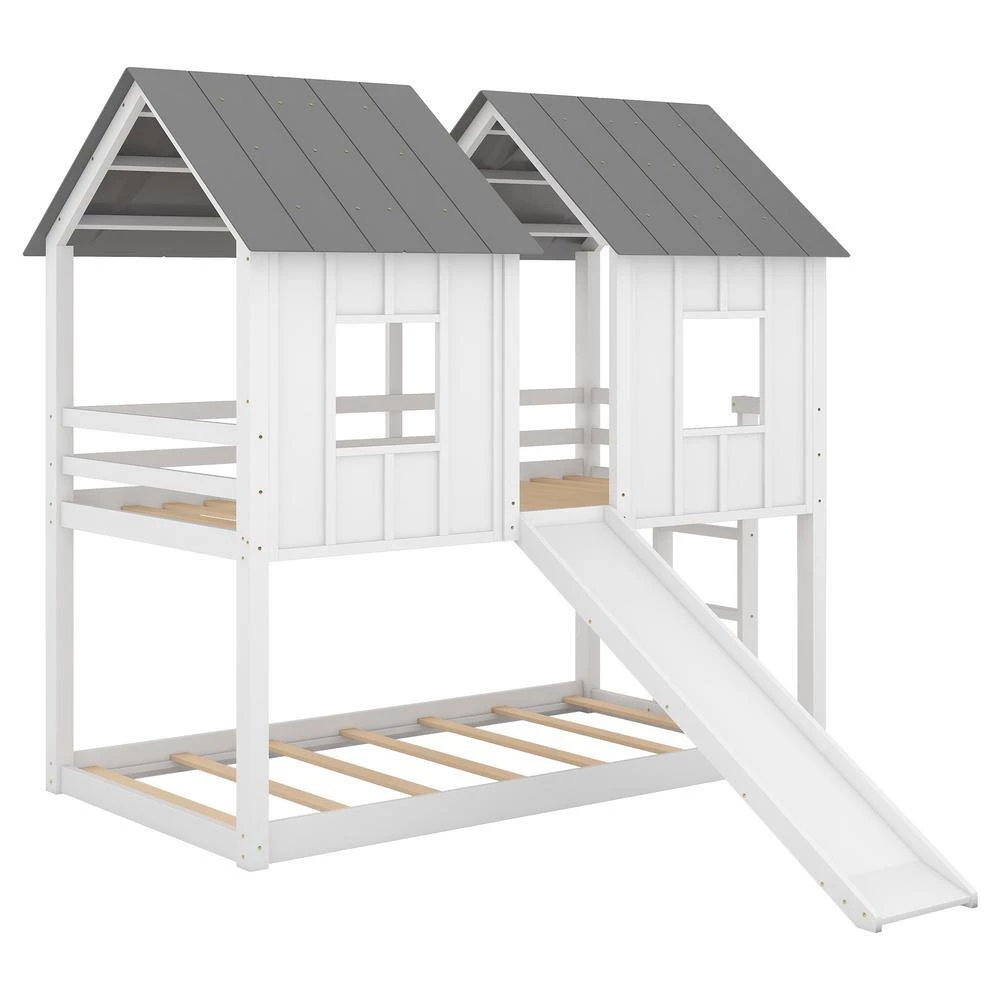 White Twin over Twin House Bunk Bed with Slide and Windows by GODEER - Image 3