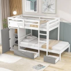 White Twin Bunk Bed with Built-in Storage Wardrobe and Two Drawers by GODEER