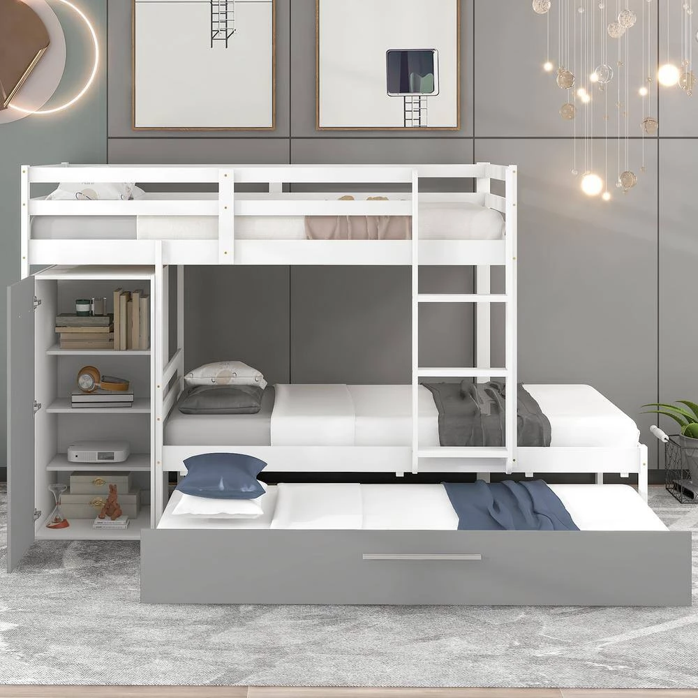 White Twin Bunk Bed with Built-in Storage Wardrobe and Trundle by GODEER - Image 9