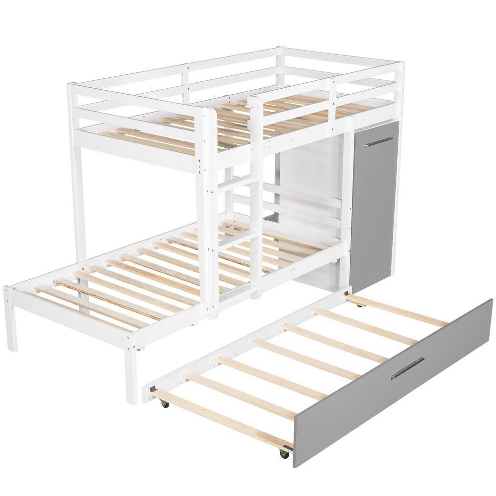 White Twin Bunk Bed with Built-in Storage Wardrobe and Trundle by GODEER - Image 3