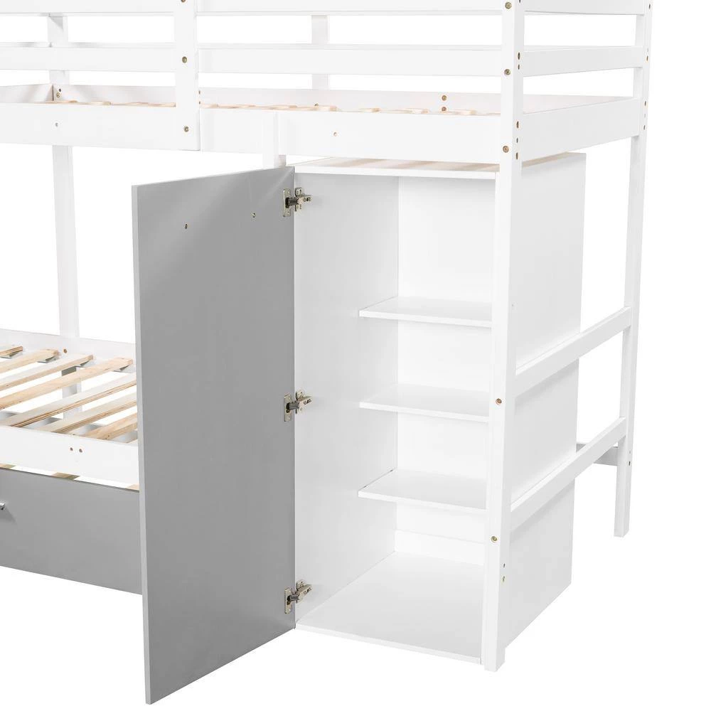 White Twin Bunk Bed with Built-in Storage Wardrobe and Trundle by GODEER - Image 8