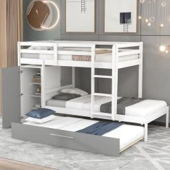 White Twin Bunk Bed with Built-in Storage Wardrobe and Trundle by GODEER