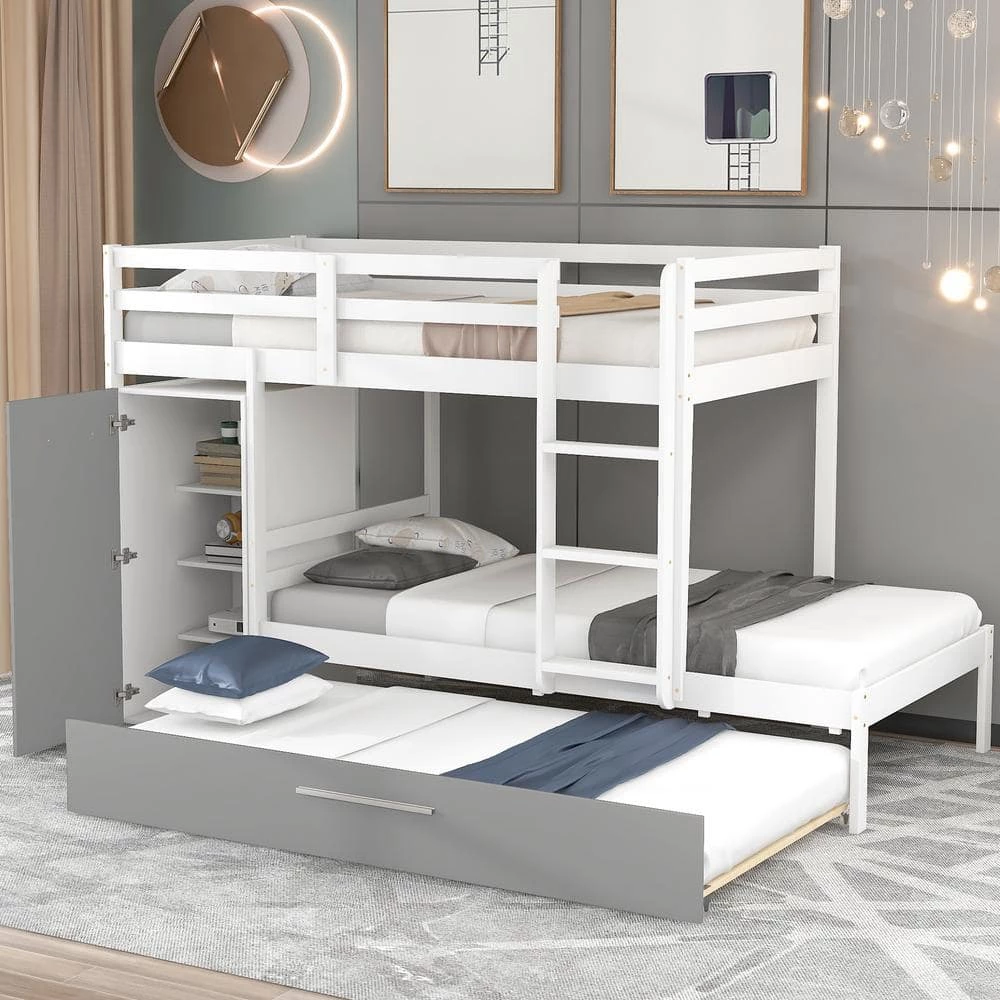 White Twin Bunk Bed with Built-in Storage Wardrobe and Trundle by GODEER
