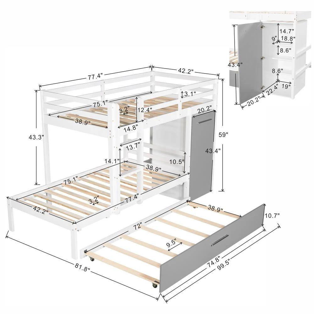 White Twin Bunk Bed with Built-in Storage Wardrobe and Trundle by GODEER - Image 5