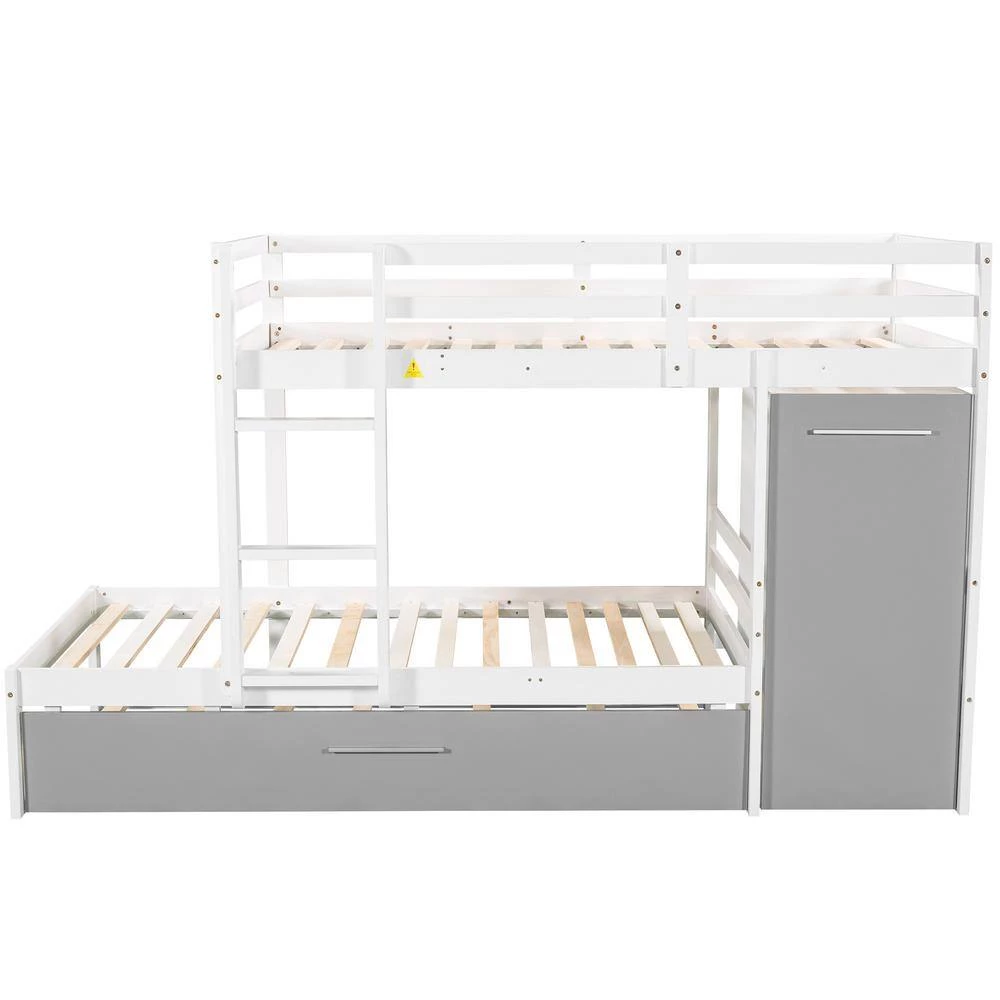 White Twin Bunk Bed with Built-in Storage Wardrobe and Trundle by GODEER - Image 6
