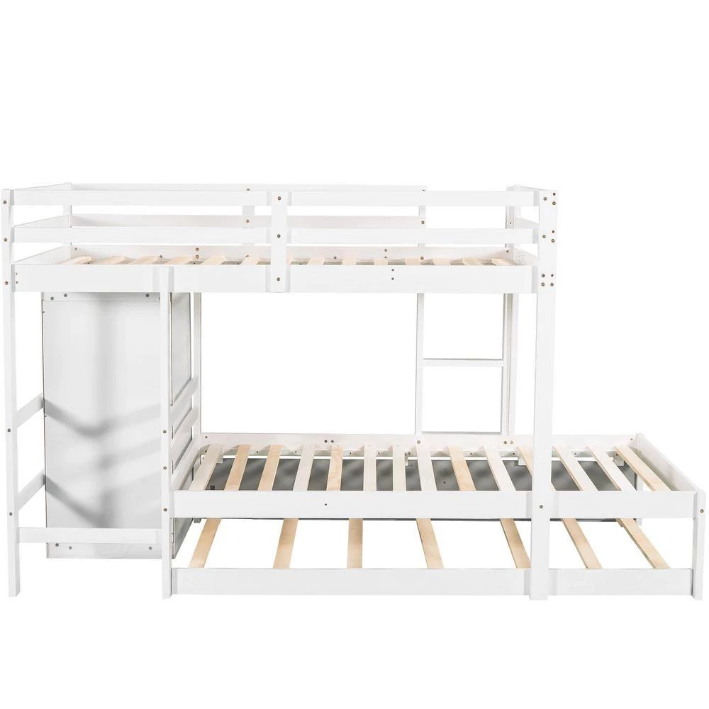 White Twin Bunk Bed with Built-in Storage Wardrobe and Trundle by GODEER - Image 4