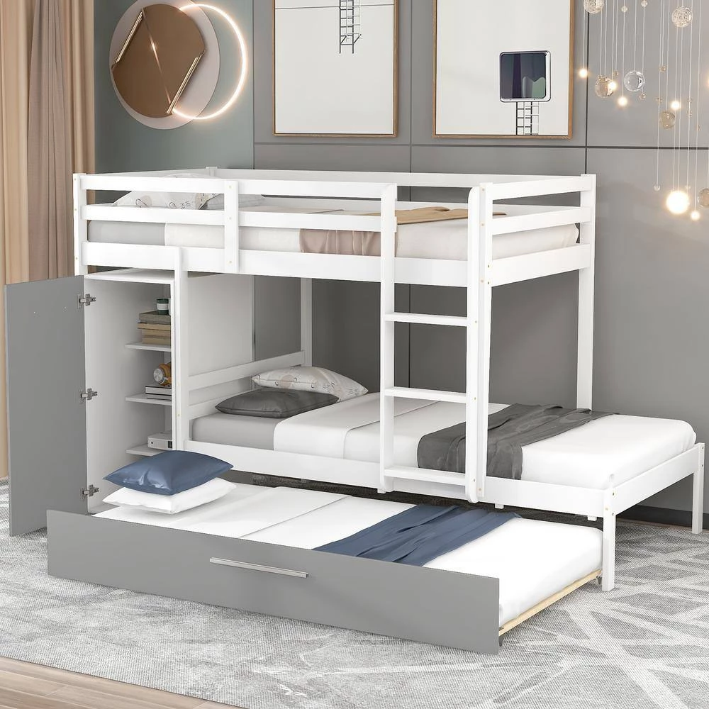 White Twin Bunk Bed with Built-in Storage Wardrobe and Trundle by GODEER - Image 2