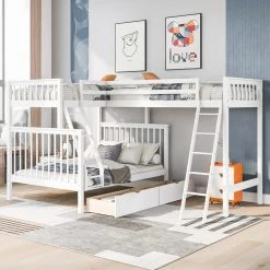 White L-Shaped Twin over Full Bunk Bed and Twin Size Loft Bed with 2 Storage Drawers by GODEER