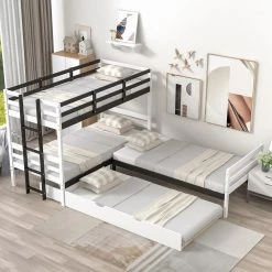 White Twin Size L-Shaped Bunk Bed and Platform Bed with Trundle and Drawer by GODEER