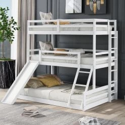 White Twin Over Full Triple Bunk Bed with Convertible Ladder and Slide by GODEER