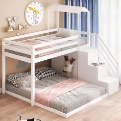 White Twin Over Full House Roof Bunk Bed with Staircase and Shelves by GODEER