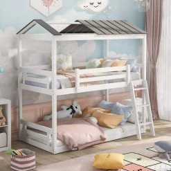 White Twin Over Twin House Roof Bunk Bed with Convertible Ladder by GODEER
