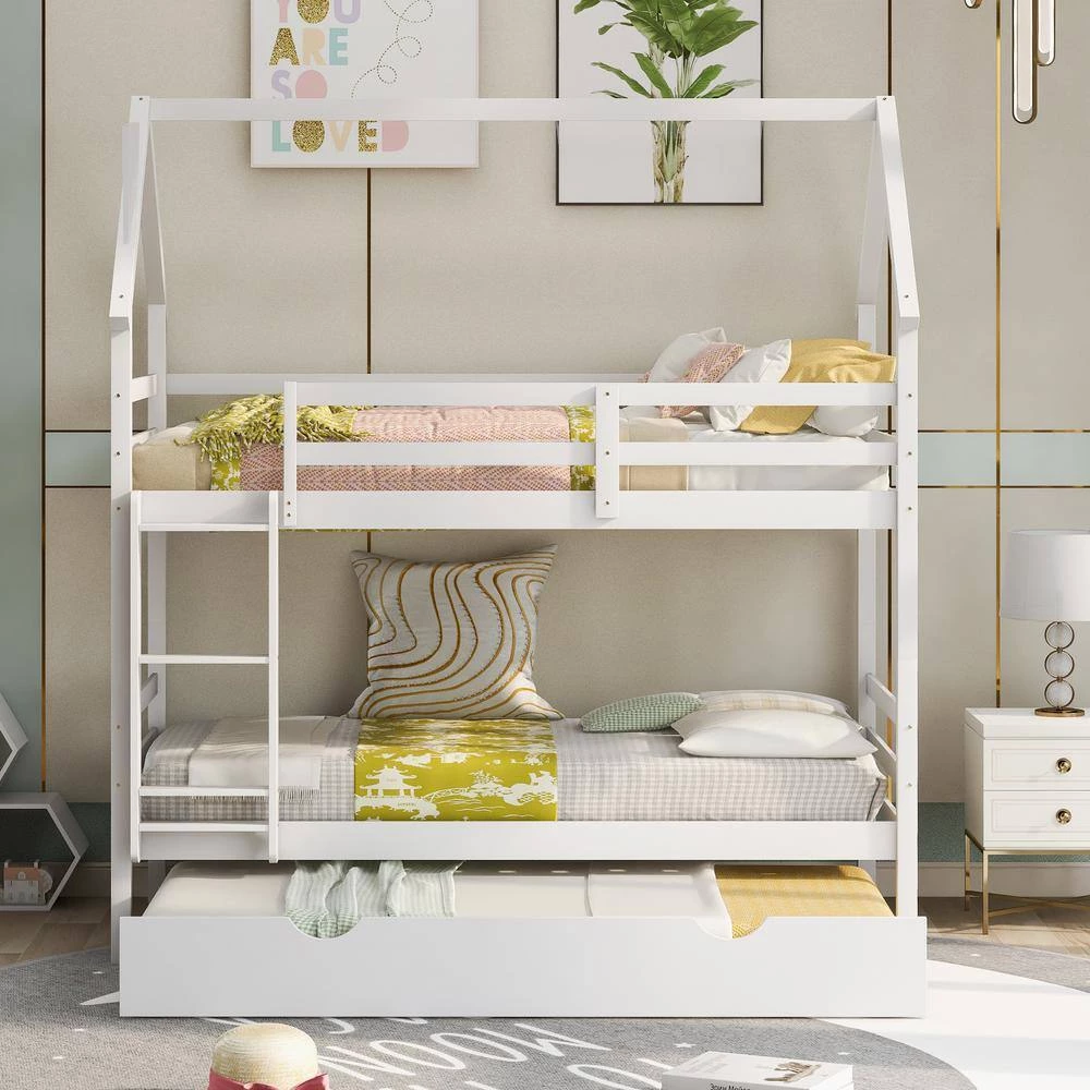 White Twin over Twin House Bunk Bed with Trundle and Chimney Design by GODEER - Image 8