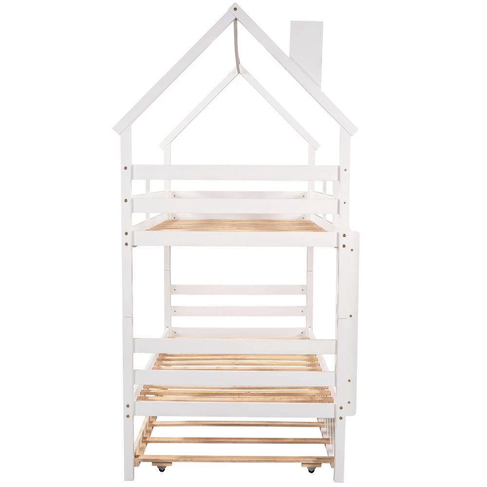 White Twin over Twin House Bunk Bed with Trundle and Chimney Design by GODEER - Image 2