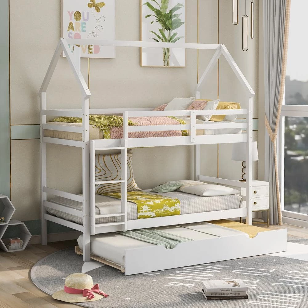 White Twin over Twin House Bunk Bed with Trundle and Chimney Design by GODEER