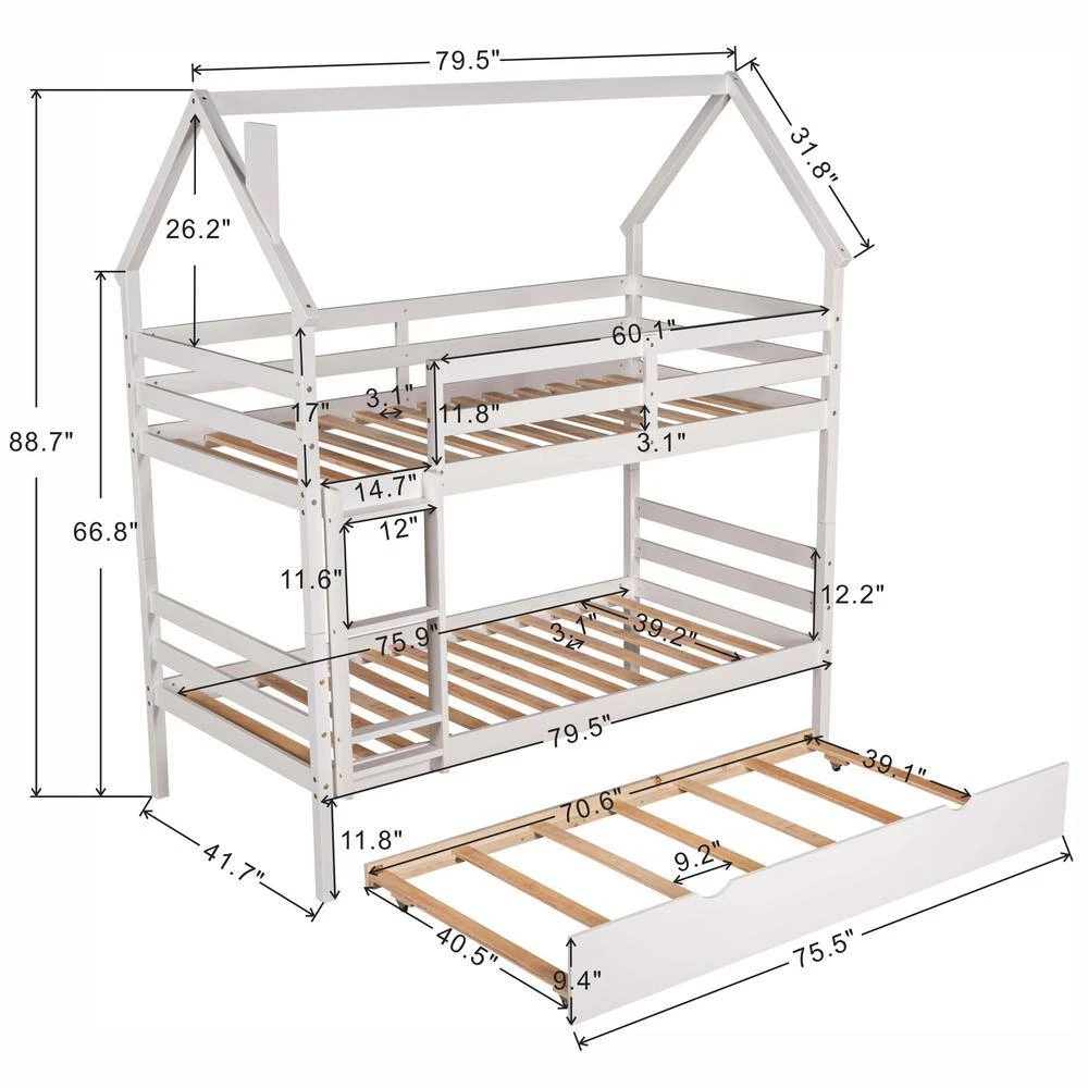 White Twin over Twin House Bunk Bed with Trundle and Chimney Design by GODEER - Image 4