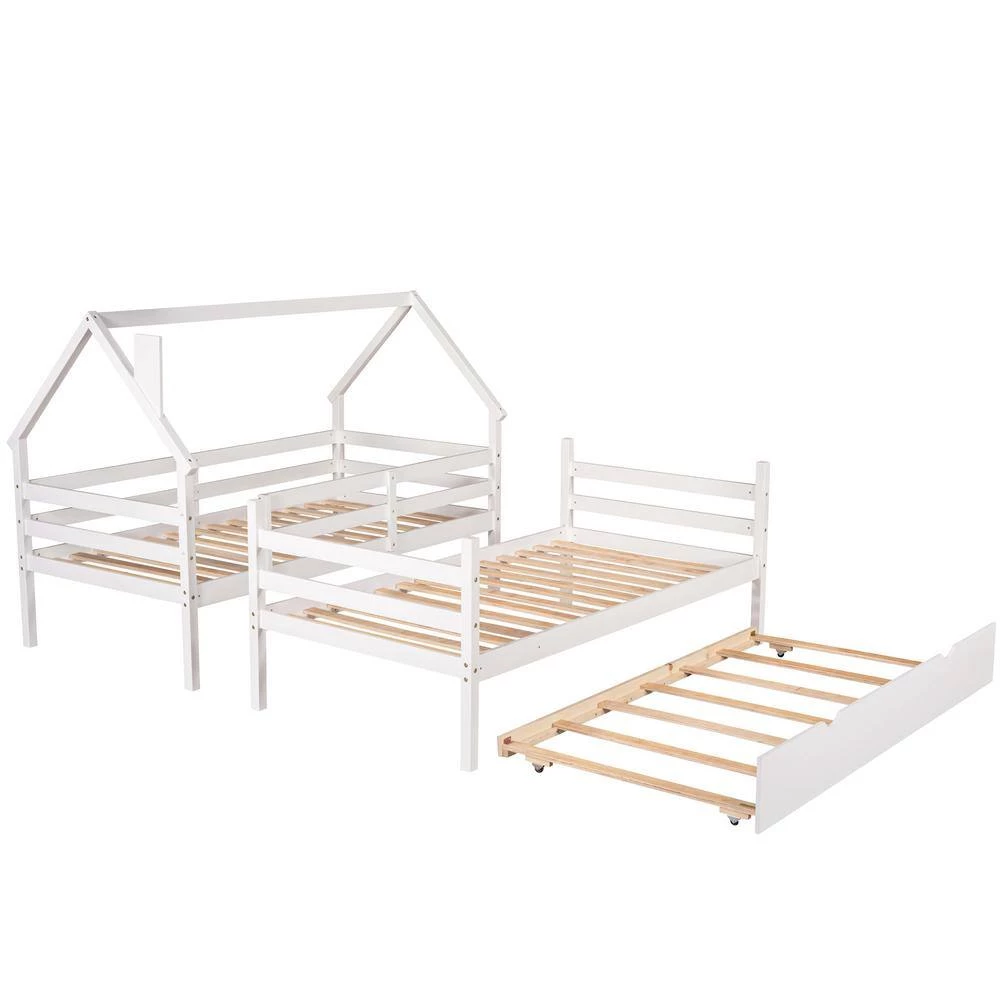 White Twin over Twin House Bunk Bed with Trundle and Chimney Design by GODEER - Image 3