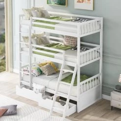 White Twin Size Triple Bunk Bed with 2-Drawers by GODEER