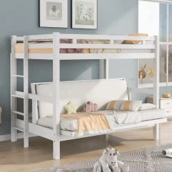 White Twin Over Full Bunk Bed, Down Bed can be Converted into Daybed by GODEER