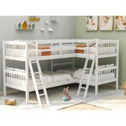 White Twin over Twin L-Shaped Bunk Bed for 4 Beds by GODEER