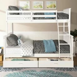White Twin-Over-Full Bunk Bed with Ladders and Two Storage Drawers by GODEER