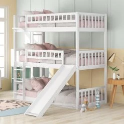 White Twin-Over-Twin-Over-Twin Triple Bed with Built-in Ladder and Slide Guardrails by GODEER