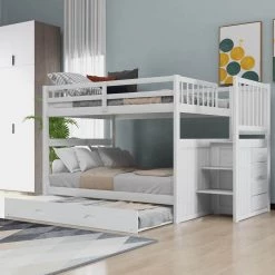 White Full Bunk Bed with Twin Size Trundle by GODEER