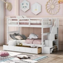White Stairway Twin Bunk Bed with Three Drawers for Bedroom, Dorm by GODEER