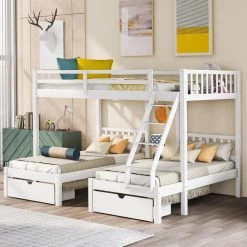 White Full over Twin & Twin Bunk Bed, Wood Triple Bunk Bed with Drawers and Guardrails by GODEER